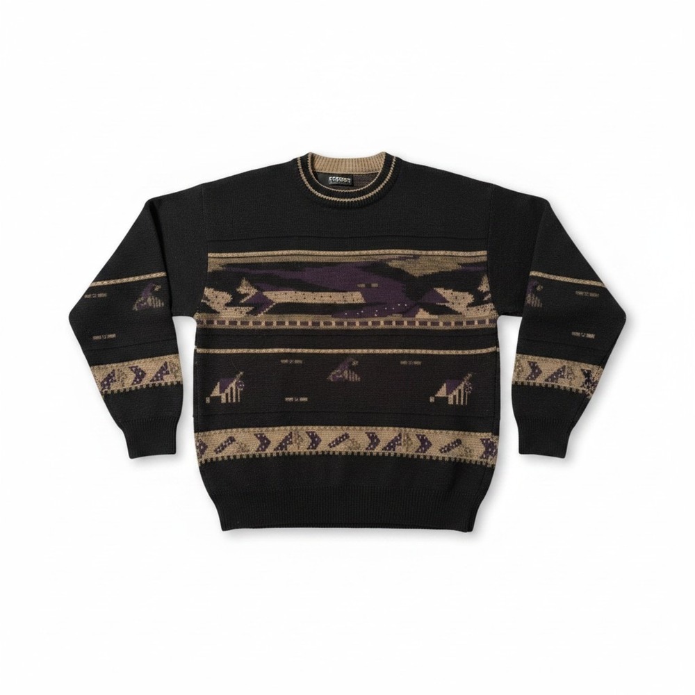 Colore Italia‎ Black Tan Purple Geometric Print Knit Sweater Men's L Wool Blend